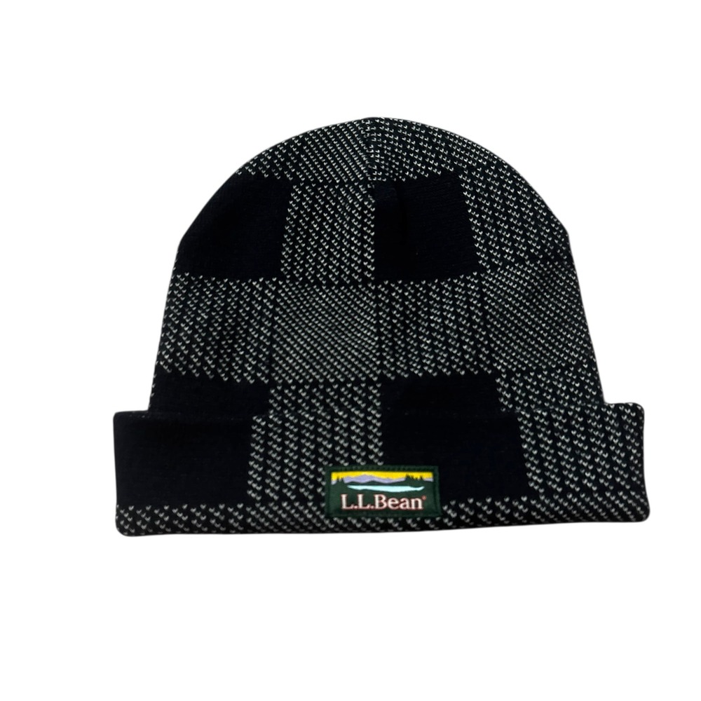 LL Bean Beanie‎ Hat Navy Blue White Buffalo Check Plaid Katahdin Logo Soft Warm